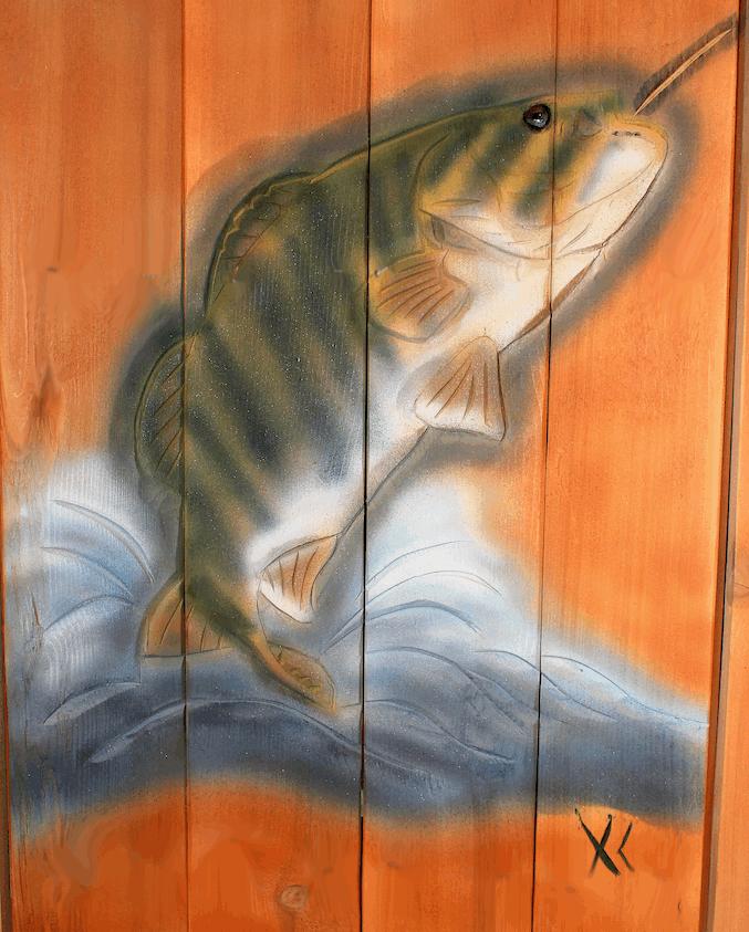 Bass Fishing Carving  fence art Garden art, yard art, and so much more